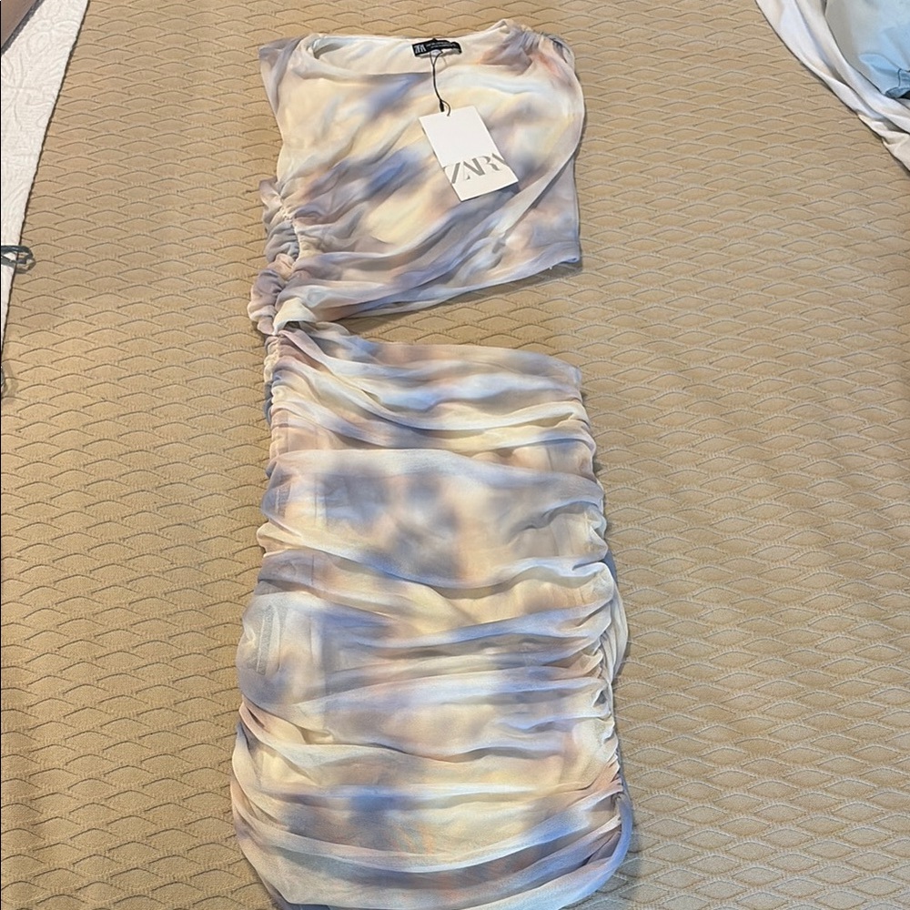 Zara Cream and Blue One Shoulder Dress